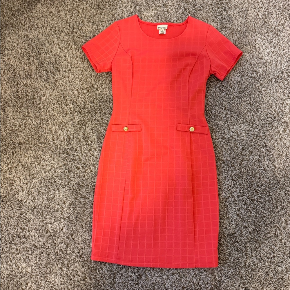 En Focus Studio Size Six Coral dress with Gold Buttons